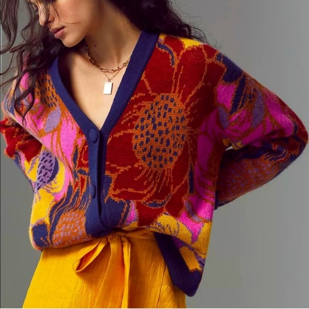 Farm Rio Tuileries Floral Cardigan Sweater Size Small Floral Dots Wool Blend